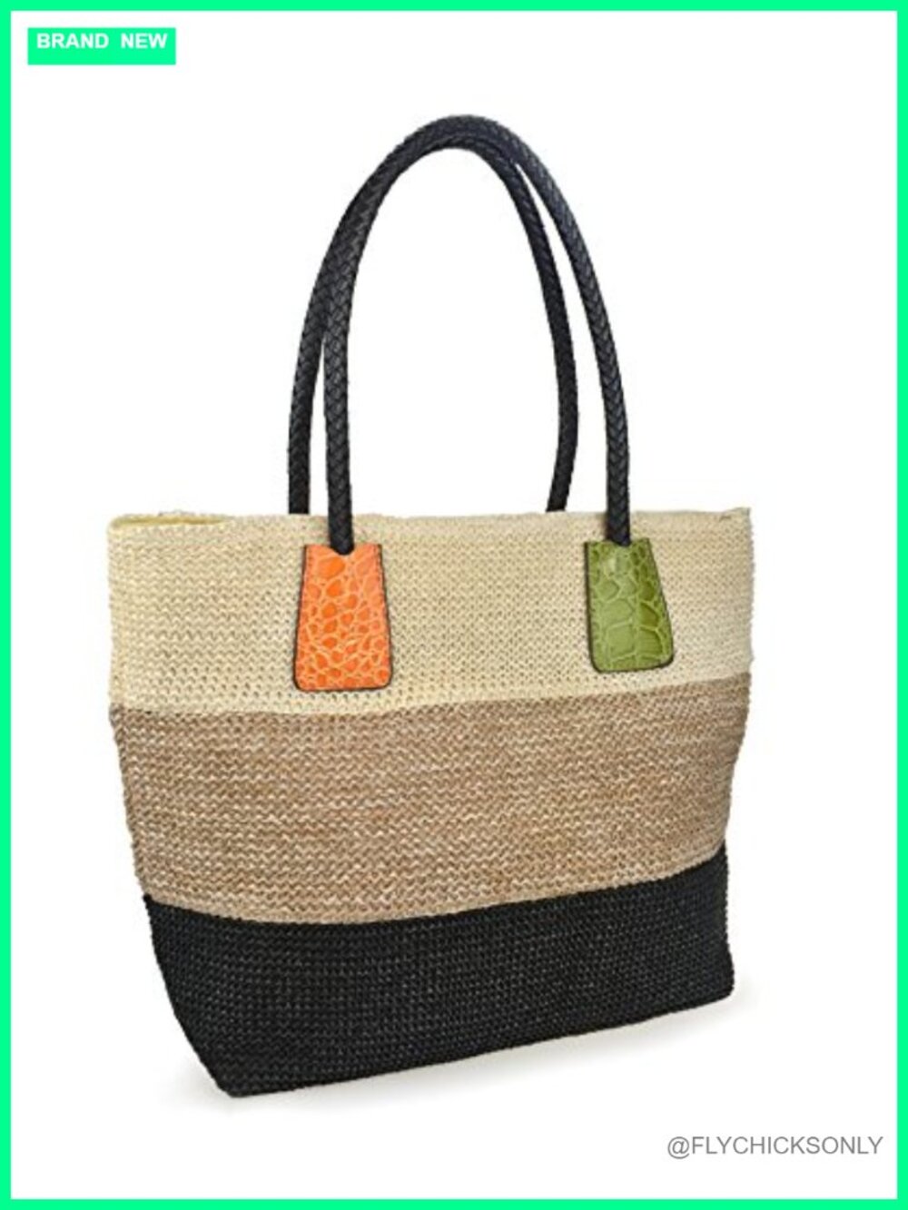 Color Block Crocodile Pattern Stripes Woven Synthetic Straw Tote Shoulder Bag